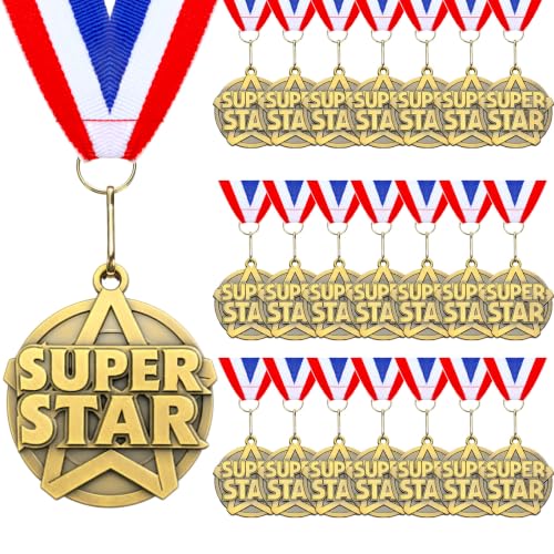 30 Pcs 2" Gold Super Star Medals with Neck Ribbons - Awards
