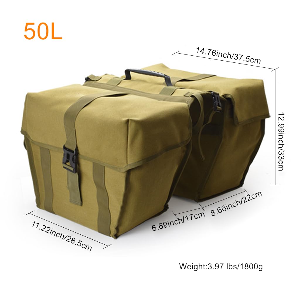 UNISTRENGH Bike Panniers Double Side Tail Bag Waterproof Canvas Bike Rear Rack Bag Large Capacity Cargo Saddle Rack Trunk Equipment Pack for Mountain Bike Riding Cycling (Military Green_50L)