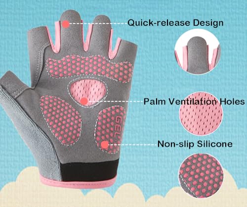 Kids Fingerless Cycling Gloves - Non-Slip for Ages 3-8 - Pink
