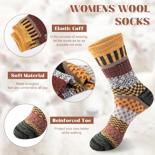 Wool Socks for Women - 5 Pairs in Green, Orange, Yellow, Brown, Grey, Blue