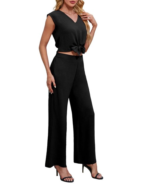 Tanou Womens Casual Summer 2 Piece Sets V Neck Cap Sleeve Strappy Top Elastic Wide Leg Pant Sets Dressy Outfits with Pockets