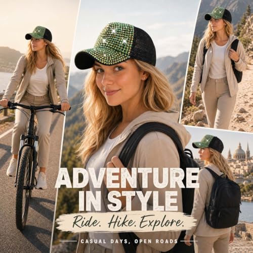 Bling Rhinestone Mesh Visor Cap - Adjustable Denim Hat Black+Green