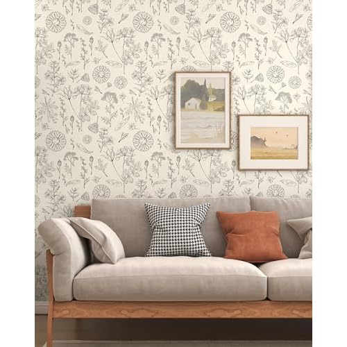 Beige Floral Wallpaper Peel and Stick Wallpaper 17.3"x78.8" Boho Contact Paper for Cabinets Self Adhesive Wall Paper for Bedroom Removable Waterproof Beige and Brown Flower Leaf Wallpapers