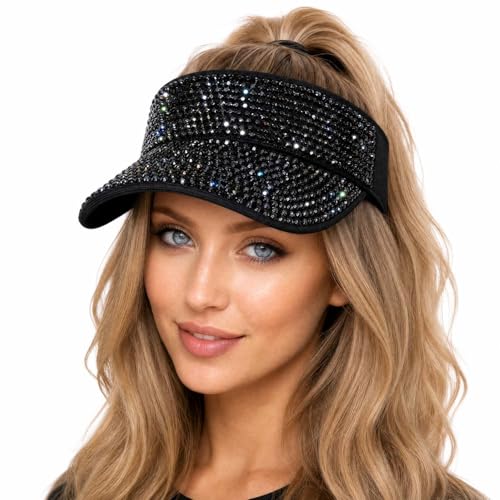 YeeSupe Women's Black Rhinestone Sun Visor Hat - Adjustable Summer Beach Cap