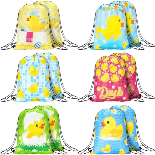 12 Pcs Duck Themed Drawstring Gift Bags for Kids Birthday Party Favors
