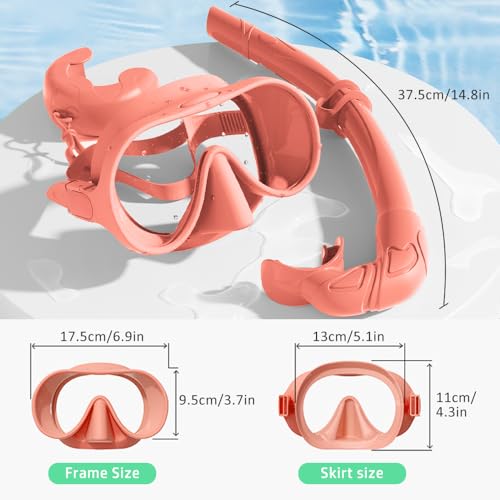 KLERICER Pink Snorkel Set for Adults - 180° Panoramic Anti-Fog Frameless Mask & Snorkel