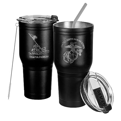 USMC 30 oz Stainless Steel Tumbler - Marine Corps Travel Mug with Lid & Straw, Double Wall Insulation
