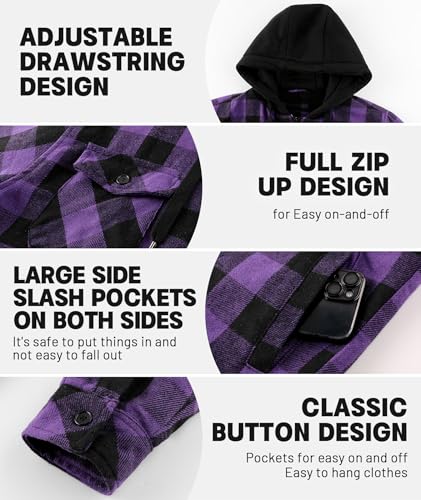 Dekomere Mens Flannel Shirt Jacket Sherpa Lined Plaid Hoodie X-Large Dark Purple