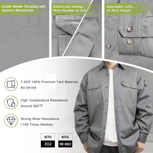 Men's 7.5oz FR Shirts, 100% C Flame Resistant Welding Jacket, Fire Retardant Clothing, Durable Accessories, Meets NFPA2112, Grey-ZRND L