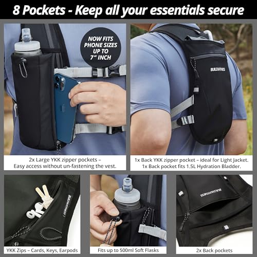 Build & Fitness Running Hydration Vest for Men & Women with 8 Pockets, Reflective, 2x 500ml Soft Flasks – Black