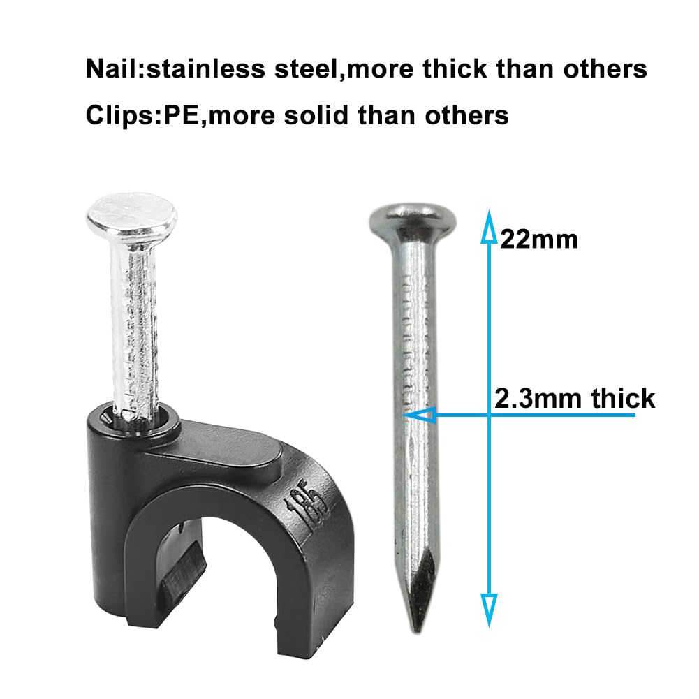 HS Cable Clips 8mm with Steel Nail 200 Pieces Black，Ethernet Management U Shaped Wire Cord Staples Hooks for Outdoor Wall,Coax Cat7 RG8 Cable Extension Fasteners