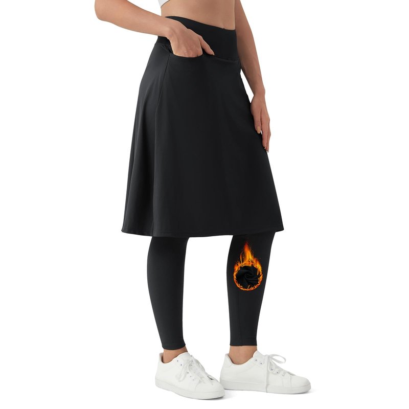 beroy Women Skirt with Fleece Full Leggings Modest Athletic Tennis Golf High Waist Skirted Capris Legging with Pockets Black L