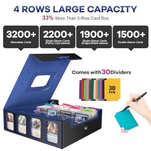 Gomyrod 4-Row Trading Card Storage Box 3200+ Capacity Black/Blue with Display