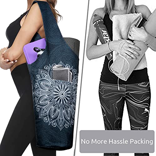 Yoga Mat Bag - Long Tote with Pockets for Mats - Mandala Black