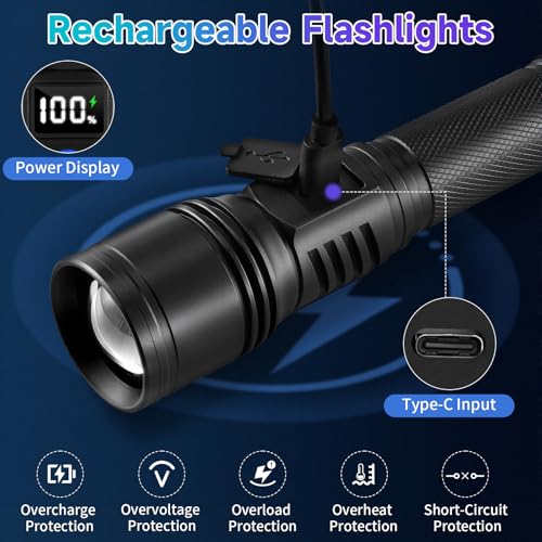 Ruboliy 4Pack Rechargeable LED Flashlights – High Lumens, LCD Power Display, 5 Modes, Type-C, Tactical Handheld