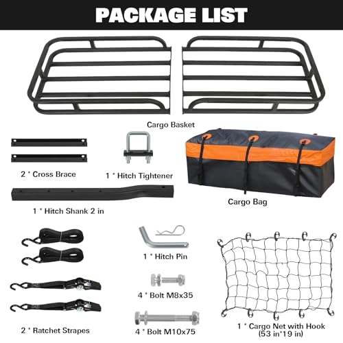 Hitch Mount Cargo Carrier Basket - 500LB Capacity with Waterproof Bag & Straps