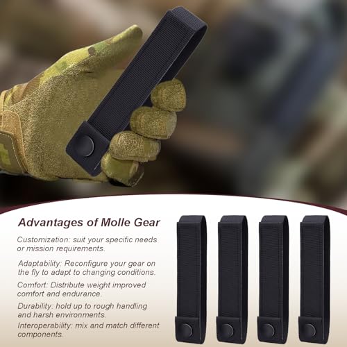 6-Inch Molle Webbing Straps with Snaps - 4 Pack Tactical Connectors - Black