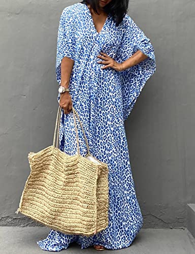 Bsubseach Leopard Blue Kaftan Beach Cover-Up Dress, One Size