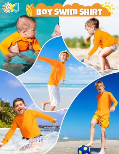 Boys Long Sleeve Rash Guard Swim Shirt - UPF 50 - Orange, 5-6 Years