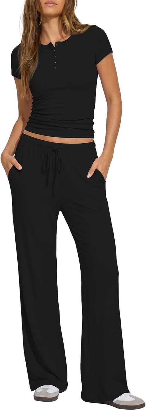 Darong Women's Lounge Set - Summer Short Sleeve Henley Shirt & Wide Leg Pants | Travel Outfit