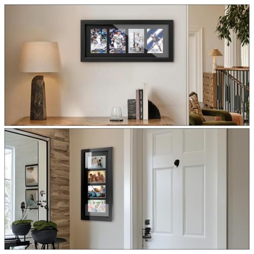 Solid Fir Wood 4-Grid Trading Card Display Frame with 4 x 35pt Holders, Black - Wall Mount