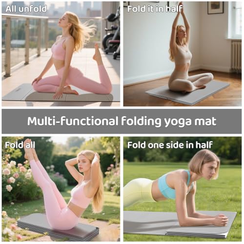 Onlyhe Foldable Yoga Mat for Home & Outdoor Workout Grey & Black 8mm Thick Non-Slip Exercise Mat