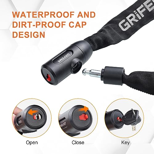 GRIFEMA Zinc Keyed Bike Chain Lock 4FT Heavy Duty Anti-Theft Steel with Protective Sleeve