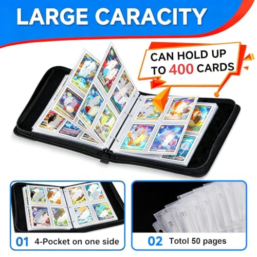 Blue 400-Pocket Card Binder Album with Removable Sleeves, Portable Zipper Organizer for Trading Cards