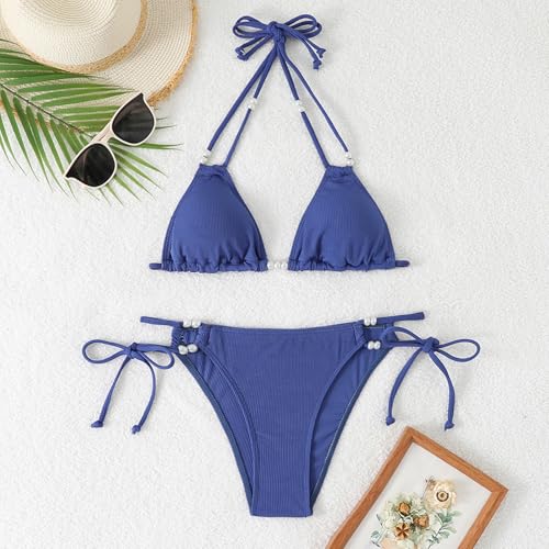 Women's 2 Piece Triangle Bikini Set with Pearl Details - Small Blue