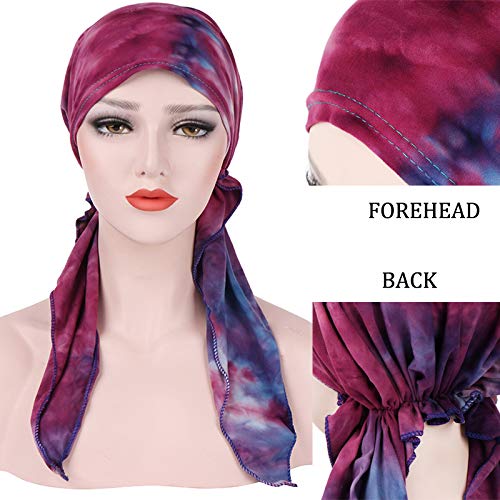 Qovelly Pre Tied Chemo Head Scarf Set - 3 Pack Long Style Beanies for Women, Dye Tie Variation L14