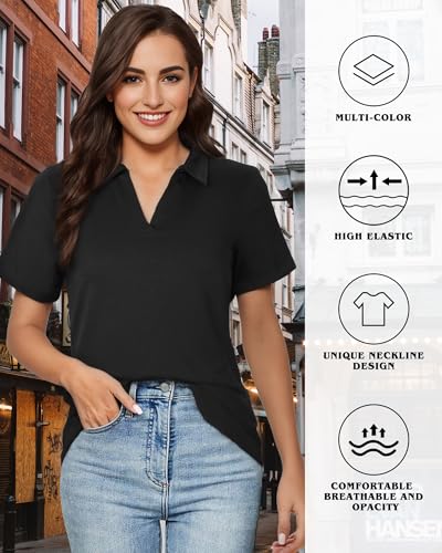 V-Neck Business Casual Polo Shirt for Women - Black, XXL