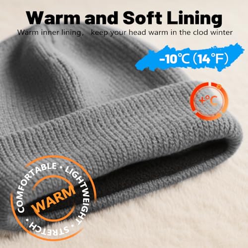Winter Beanie Hat for Men & Women - Soft Fleece Lined, Grey