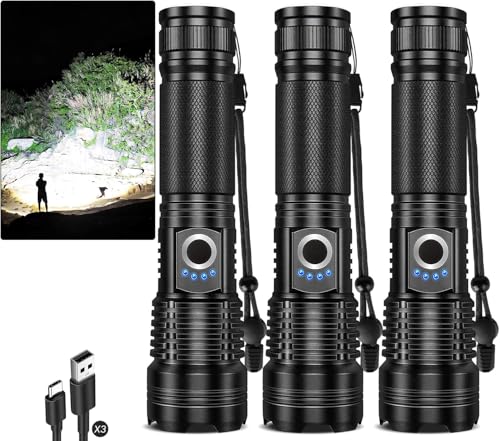 Rechargeable LED Flashlights 3 Pack - Super Bright 99,000 Lumens, Waterproof, Long Battery Life