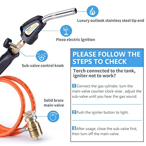 Propane Torch Hose Kit, Mapp Gas Torch Heat 3600¢µ Map Gas Torch Kit Trigger Start & Flame Adjustment, Soldering Welding Torch Fuel by MAPP, Map/Pro,Propane(Includes Cylinder Clip)