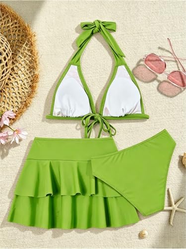 Teen Girls 3-Piece Swimsuit Set - Halter Bikini & Skirt - Green, 16-17Y