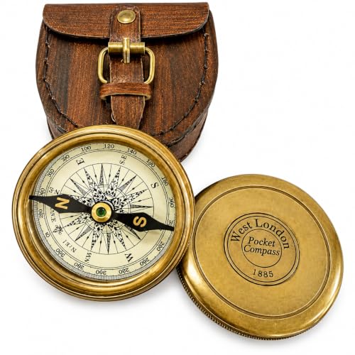 Vintage Brass Pocket Compass with Leather Case - Nautical Navigational Gift for Hiking & Outdoors