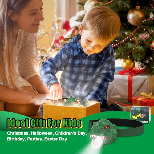 Dinosaur Headlamp for Kids - LED Flashlight with Roar & Silent Mode - Green