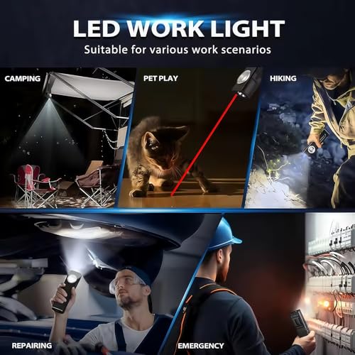 Rechargeable EDC Magnetic Flashlight, Red Laser Combo & Dimmable & USB Output, 370lm Triple Sources Mini Flat Work light with Clip & Hook, Portable Pocket Small LED Flash Lights for Emergency Camping