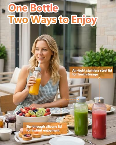 Zukro 16 oz Glass Juice Bottles Pack of 4 with Leak-Proof Stainless Steel Lids