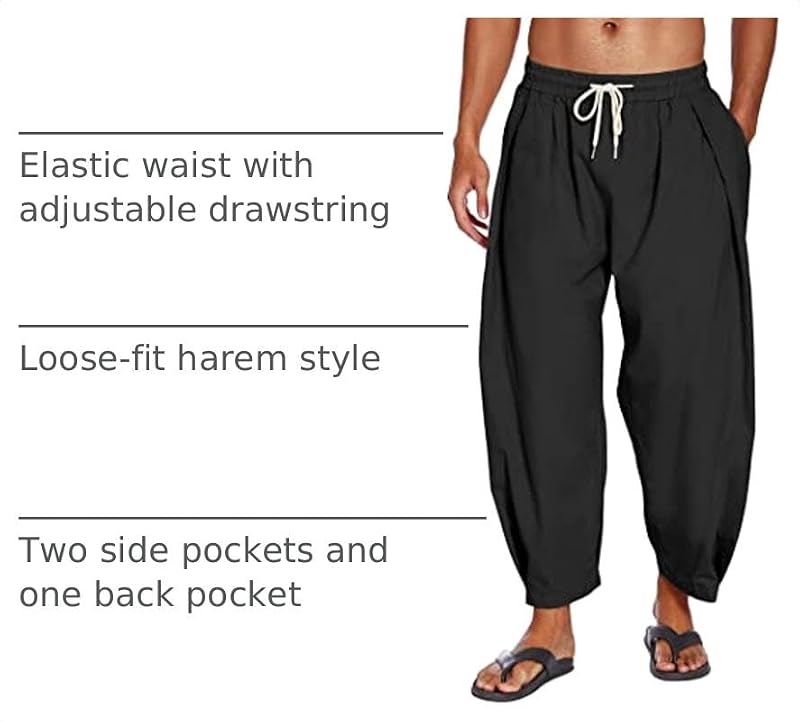 COOFANDY Medium Black Cotton Linen Harem Pants with Pockets - Casual Cropped Trousers for Men