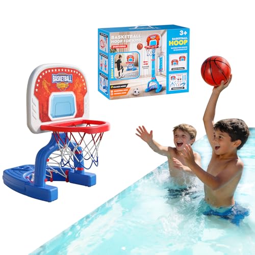 FLMAQE Toddler Adjustable 2-in-1 Basketball Hoop & Soccer Goal - Blue+Red, 4 Balls, Indoor & Pool