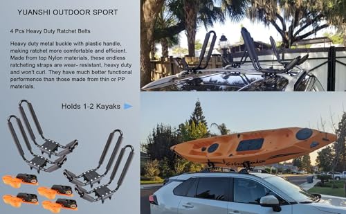 Heavy Duty J-Bar Kayak Roof Rack Carrier - 2 Pairs with Straps