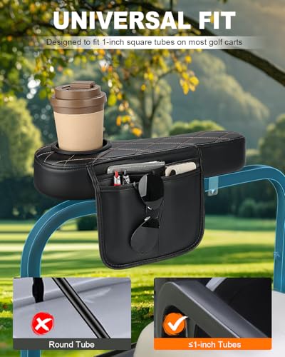 Brown Stitching Golf Cart Armrest with Cup Holder & Rear Seat Organizer, No Drilling, Fits 1-Inch Frame