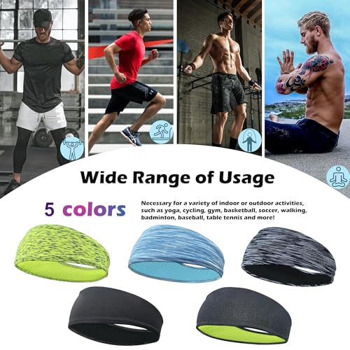 5 Pack Sports Headbands for Men - Breathable Mesh Design, Reusable