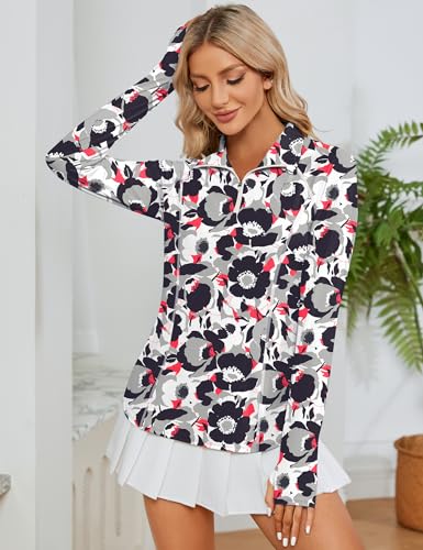 LOMON Women's Black Flower Long Sleeve Sun Protection Hiking Shirt 1/4 Zip Summer Quick Dry