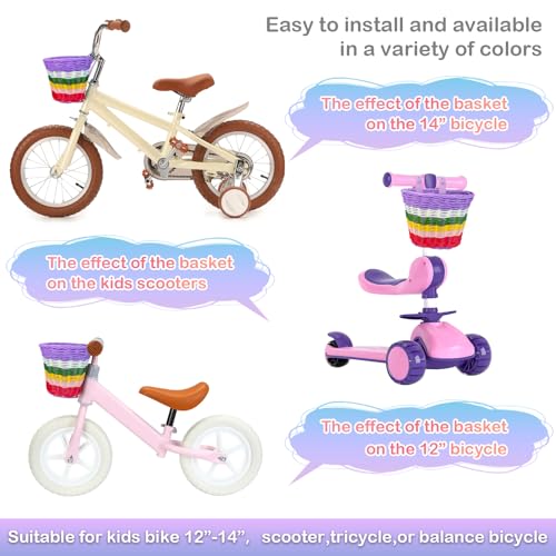 Rainbow Hand-Woven Oval Kids Bike Basket with Leather Straps