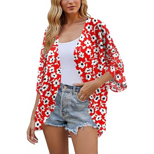 Lightweight Floral Printed Kimono Cardigan - Puff Sleeve, X-Large Red