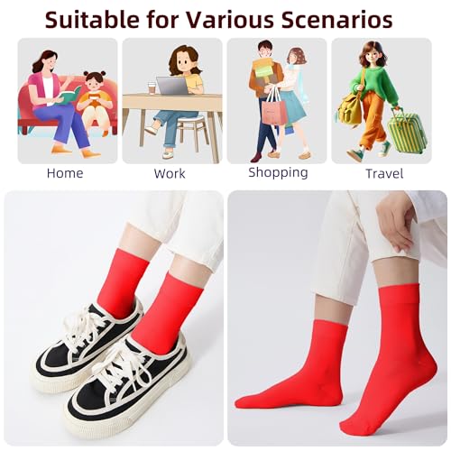 Women Thin Cotton Crew Socks 6 Pairs, Ankle Bootie Casual Dress, Red, Size 9-11