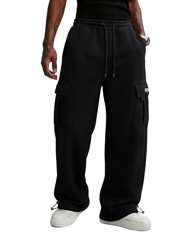 PIDO YOGA Men's Cargo Sweatpants Cotton Fleece Loose Fit Casual Jogging Hiking Pants Open Bottom Sweatpants for Men Athletic Workout with Pockets,Black