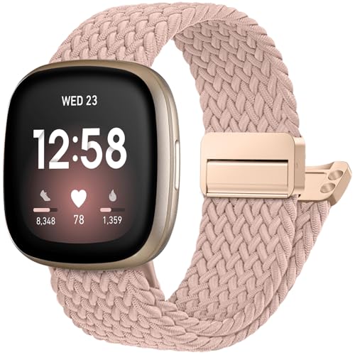 Maledan Magnetic Braided Stretchy Band for Fitbit Versa 4 & Sense 2, Pink, 5.51-8.66 Inch Wrist